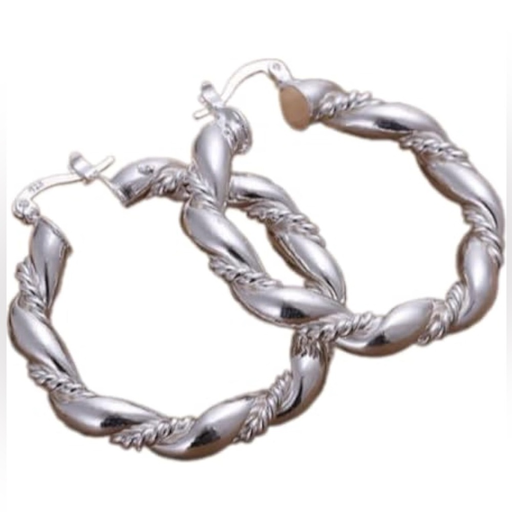 Sterling Silver Plated Round Twisted Rope Design Hoop Earring - New
